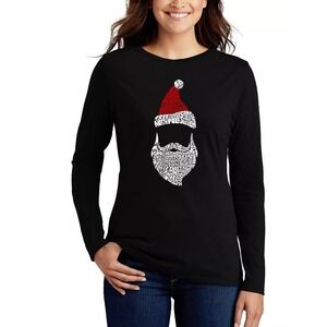 LA Pop Art Graphic Tee Women Small Black Santa Claus Word Art Long Sleeve TShirt